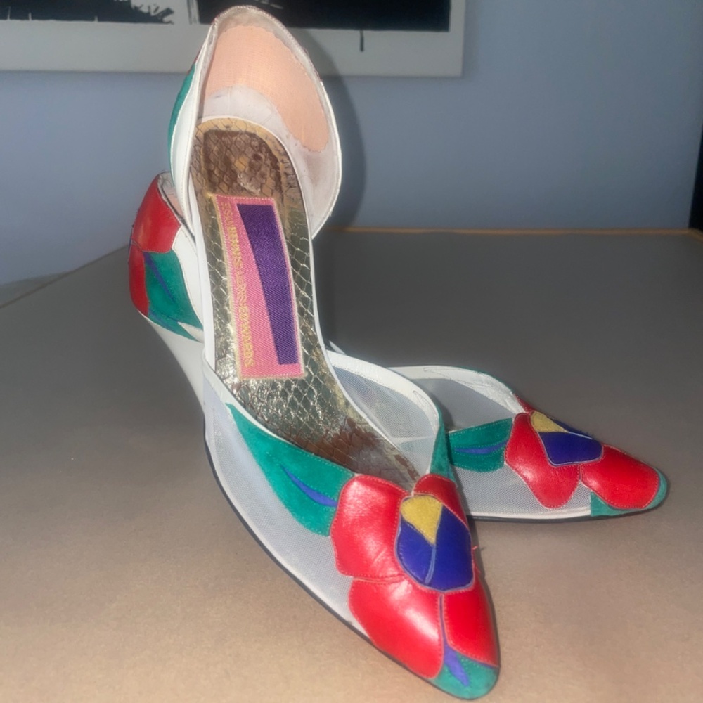 Susan Bennis Warren Edwards Vintage Heels Sz 7 1980s Leather Mesh Floral Detail